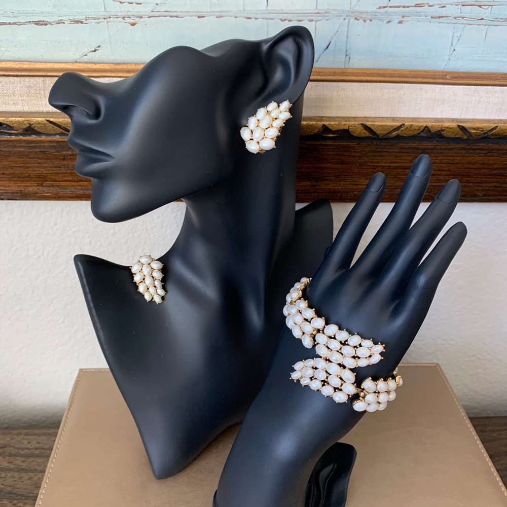 CROWN TRIFARI SET BYPASS LINK BRACELET CLIP EARRINGS OVAL FAUX PEARLS + BONUS